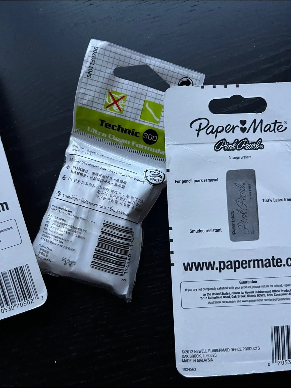 PaperMate Pink Pearl & Maped Technic Erasers 12 Pack 3-Ct Packs Latex PVC Free